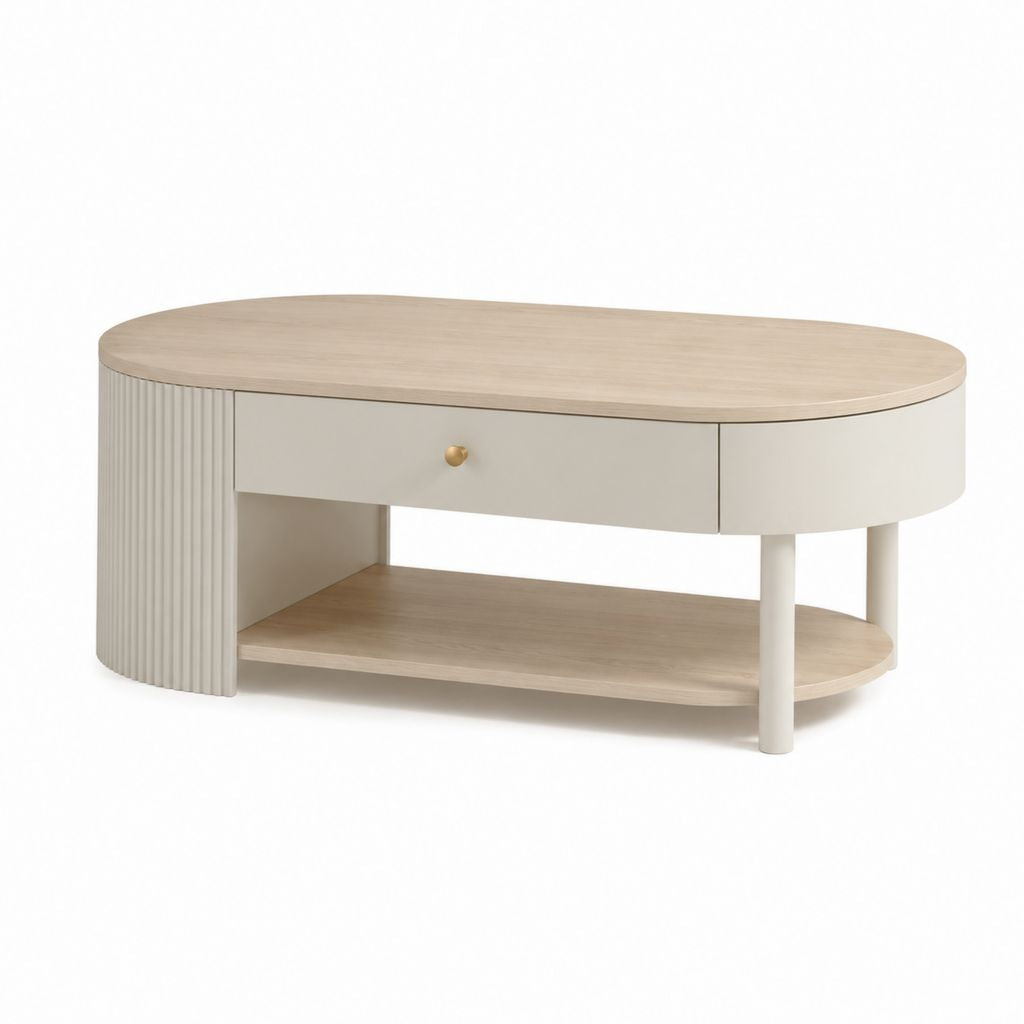 Couchtisch mit Schublade Creme MDF Eiche-Optik oval 110 x 60 x 45 cm