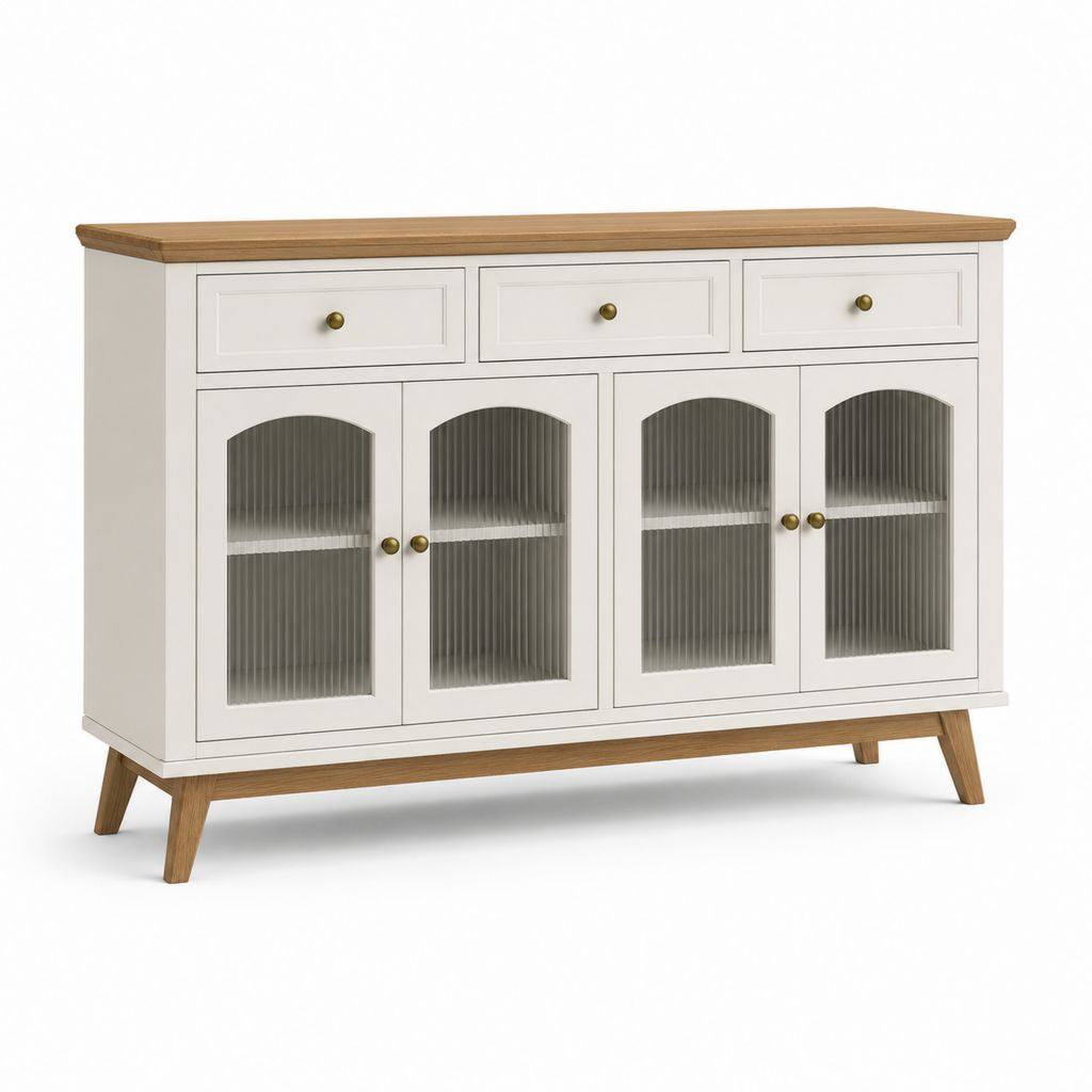 Küchen Sideboard Weiß mit Eichenholzplatte und Riffelglastüren rechteckig 160 x 40 x 90 cm