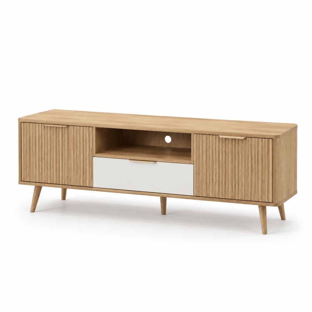 TV-Lowboard Eichenholzdekor MDF rechteckig mit 2 Türen Schublade und Kabeldurchführung 140 x 40 x 55 cm