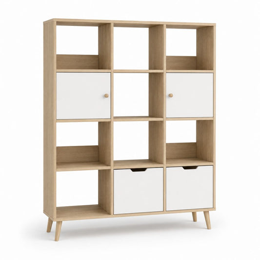 Bücherregal mit 8 offenen Fächern 2 Türen und 2 Schubladen Weiß Eiche Dekor Spanplatte 120 x 35 x 180 cm
