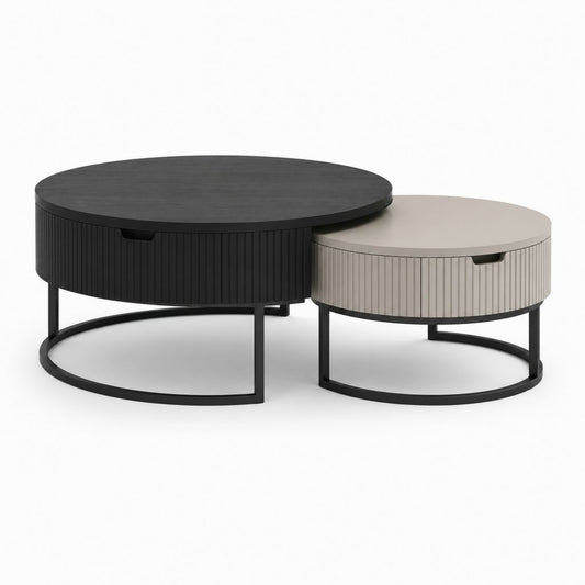 Couchtisch Set mit Stauraum Schwarz Beige MDF rund 80 x 80 x 40 cm und 60 x 60 x 34 cm