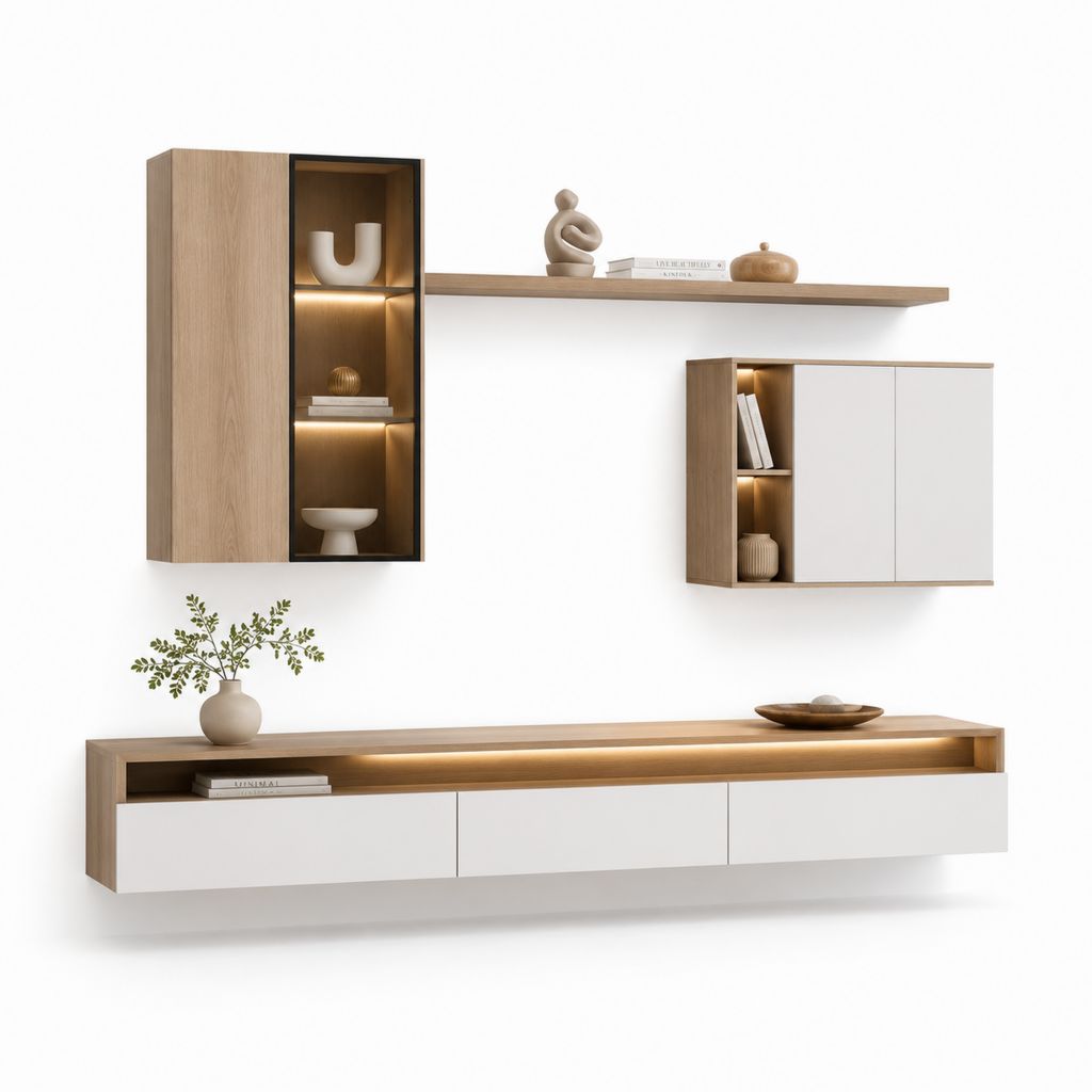 Wohnwand mit TV-Lowboard 4-teilig Eiche hell Weiß MDF rechteckig mit LED-Beleuchtung 220 x 40 x 45 cm
