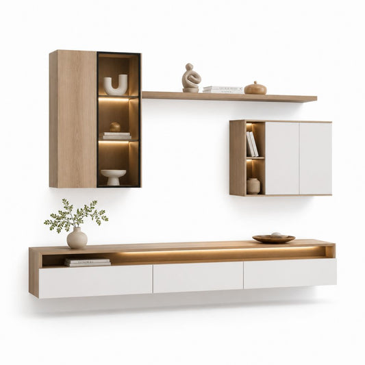 Wohnwand mit TV-Lowboard 4-teilig Eiche hell Weiß MDF rechteckig mit LED-Beleuchtung 220 x 40 x 45 cm