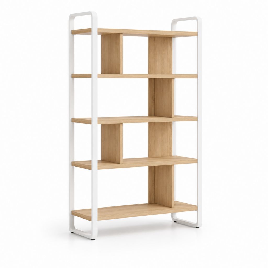 Bücherregal Standregal mit 5 Ebenen in Eiche und Weiß aus Spanplatte und Stahl 80 x 30 x 160 cm