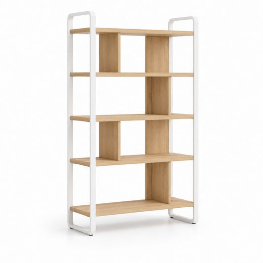 Bücherregal Standregal mit 5 Ebenen in Eiche und Weiß aus Spanplatte und Stahl 80 x 30 x 160 cm
