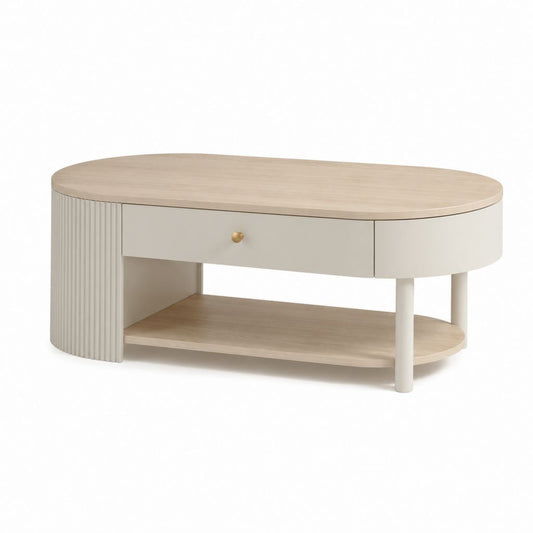 Couchtisch mit Schublade Creme MDF Eiche-Optik oval 110 x 60 x 45 cm