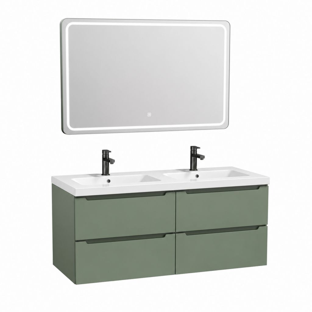 Doppelwaschtisch Set mit LED Spiegel salbeigrün lackierte MDF Keramik 120 x 46 x 54 cm