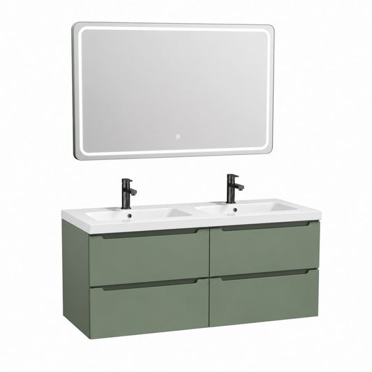 Doppelwaschtisch Set mit LED Spiegel salbeigrün lackierte MDF Keramik 120 x 46 x 54 cm
