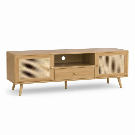 TV-Lowboard Natur Eichenfurnier Rattan rechteckig 160 x 40 x 60 cm