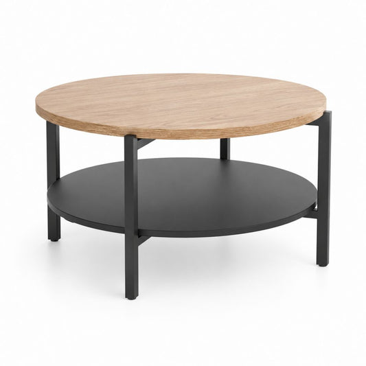 Couchtisch rund Eiche Schwarz mit Stahlgestell und Ablage Ø 80 cm Höhe 45 cm
