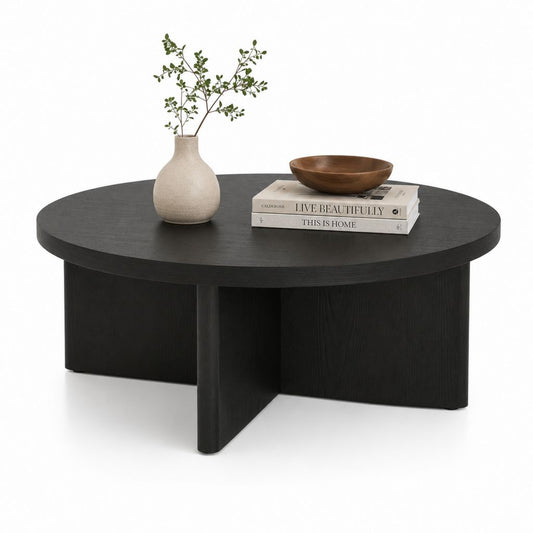 Couchtisch Schwarz MDF mit Eichenfurnier Rund Ø 90 x 42 cm