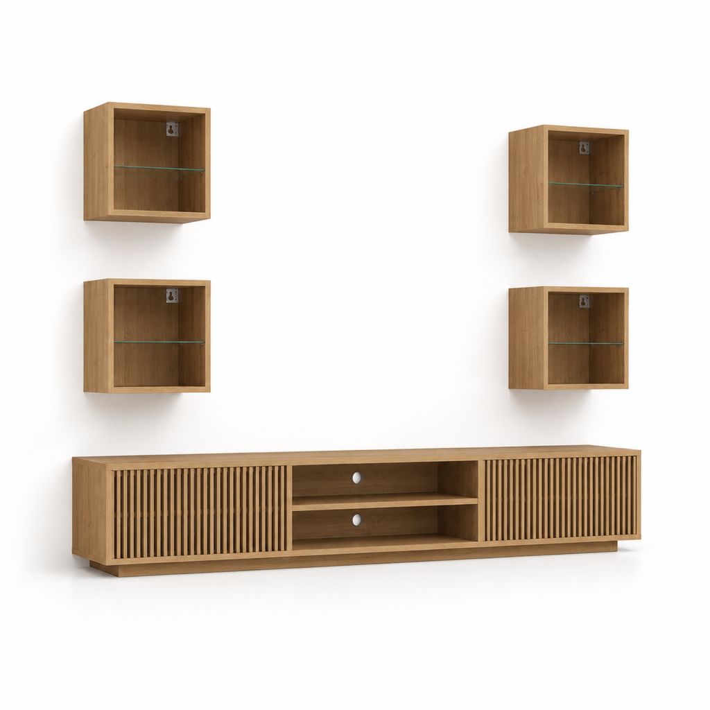 TV-Wohnwand Set in Eiche-Optik aus Spanplatte mit 4 Wandregalen und Lowboard 180 x 45 x 200 cm