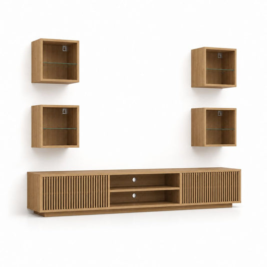 TV-Wohnwand Set in Eiche-Optik aus Spanplatte mit 4 Wandregalen und Lowboard 180 x 45 x 200 cm